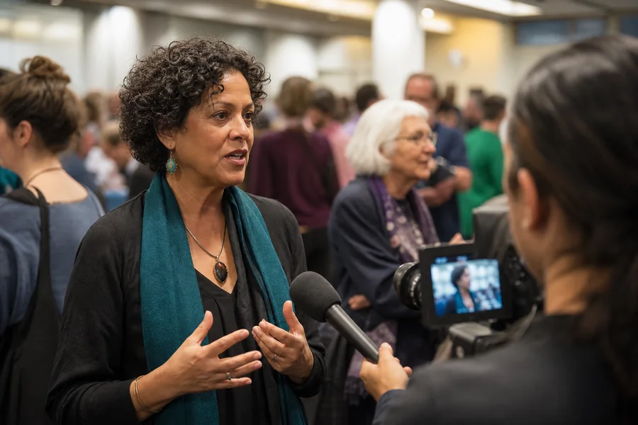An interview at a crowded indoor event