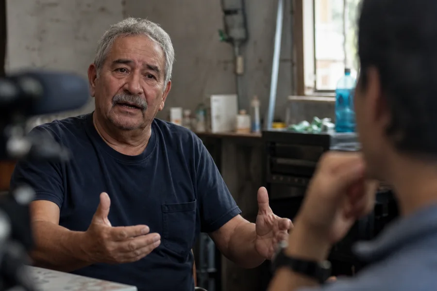 A documentary interview in a working interior