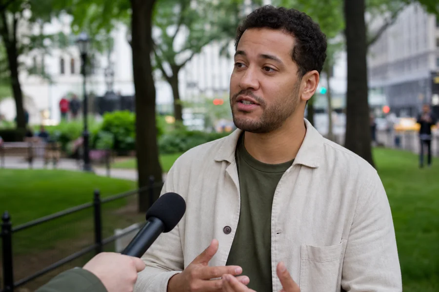 An outdoor interview in a city park